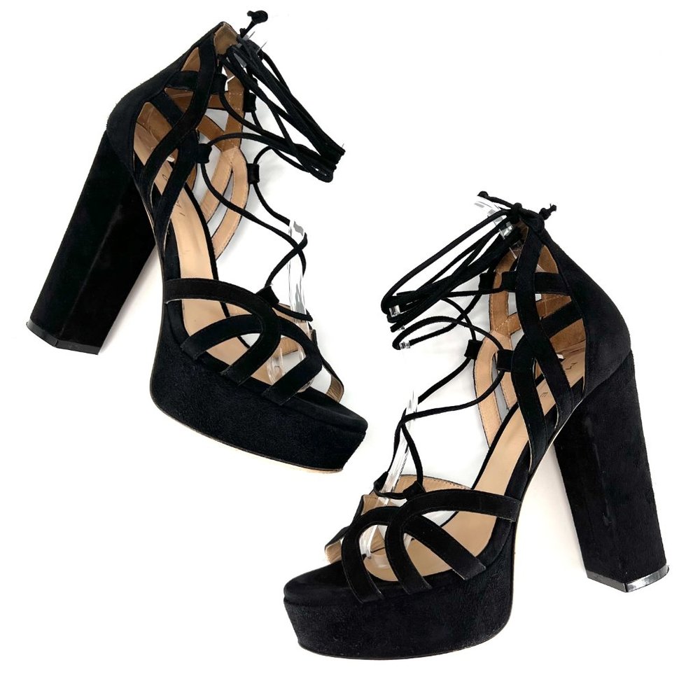 M. GEMI Lace Up Sandal Strappy Suede‎ Leather Chunky Heels Open Toe Size …